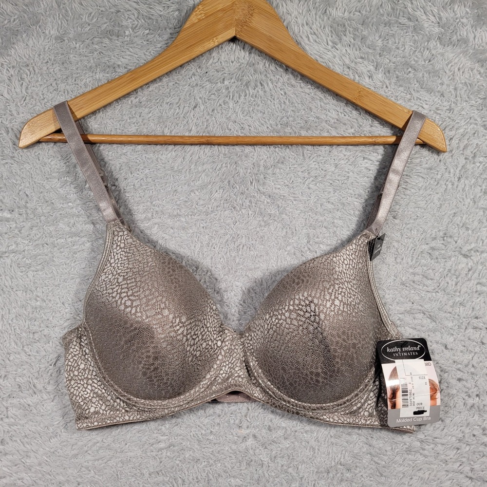 Kathy Ireland Bra Womens 38D Taupe Gray Molded Cup Snake Print Lace Trim‎ 0694